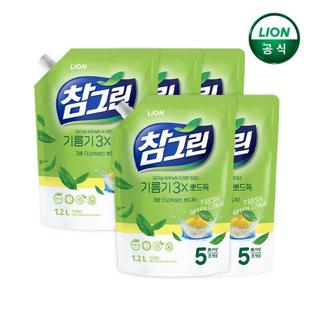 참그린 기름기뽀드득 주방세제 1.2L 리필x5개 상세 이미지 1